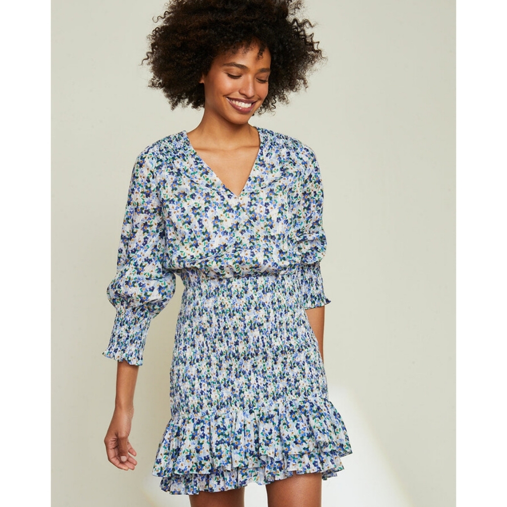 VERONICA BEARD Darrah Smocked Floral Mini Dress Cobalt Blue White 4